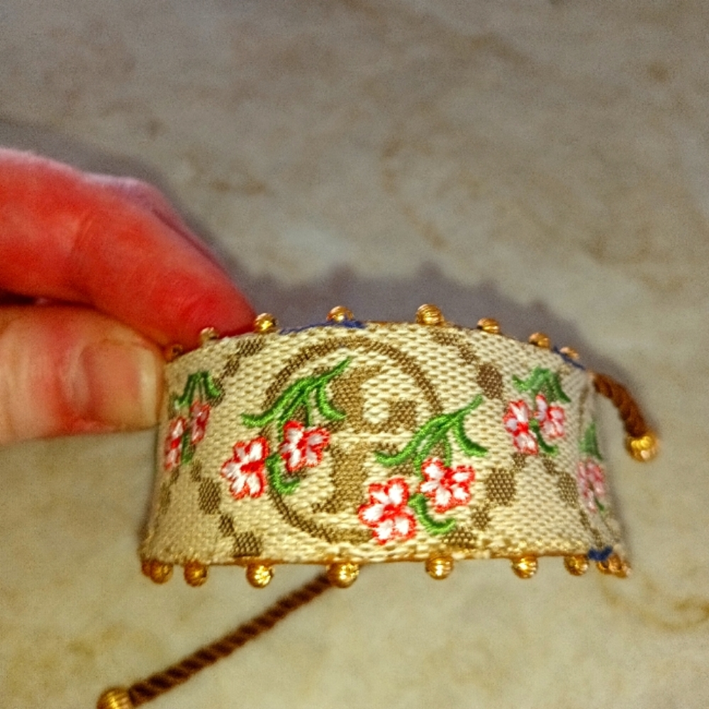 Tory burch T Monogram Floral Textile & Leather Bracelet